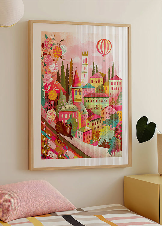 Póster Pueblo italiano con gato en la pared