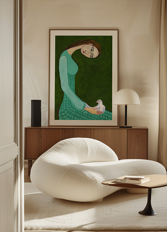 Póster Señora sentada con la mujer pájaro paloma blanca