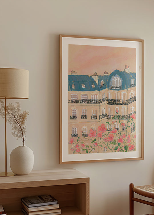 Puesta de sol sobre los edificios de París Póster