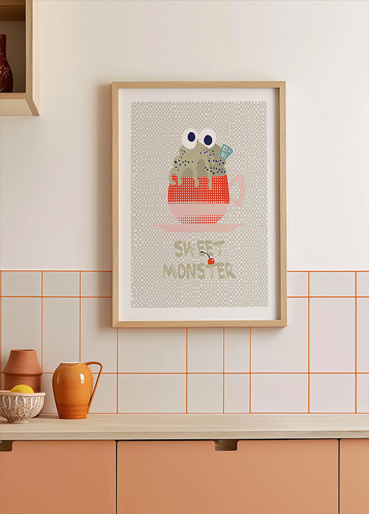 Dulce monstruo cupcake rojo Póster