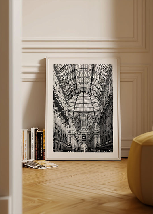 Póster con vista serena de un pueblo costero