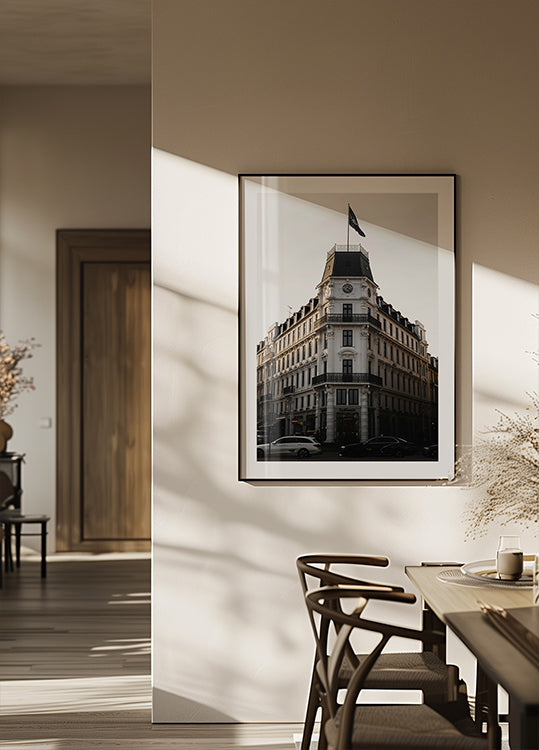 Póster con vista serena de un pueblo costero