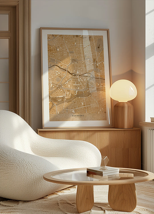 Mapa antiguo en sepia del centro de Nuremberg, Alemania (NUEVO)