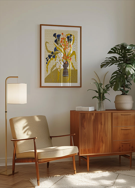 Bodegón floral contemporáneo amarillo mostaza Póster