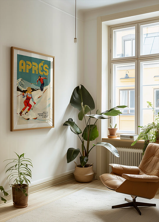 Pareja de esquí Vintage Pin Up Apres Whiskey Póster