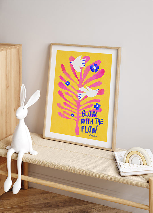 Pájaros - Resplandor con el flujo rosa Póster