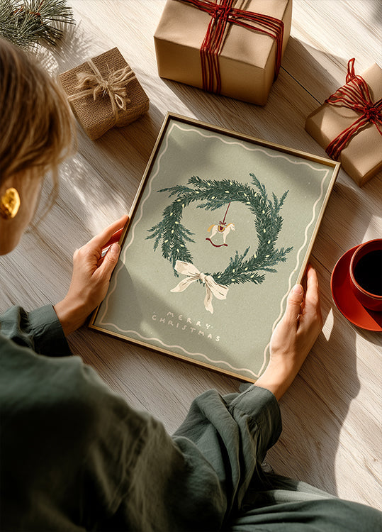 Póster Caballos de juguete en corona de Navidad con arco