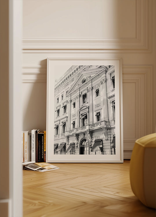 Póster con vista serena de un pueblo costero