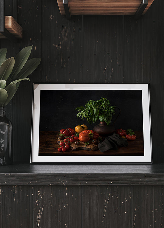 Póster Bodegón con tomates y albahaca