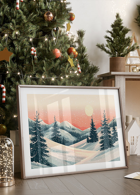 Póster Paisaje navideño nevado de invierno
