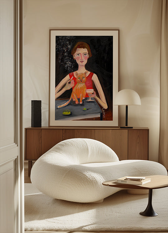 Póster Mujer vintage con cóctel y gato