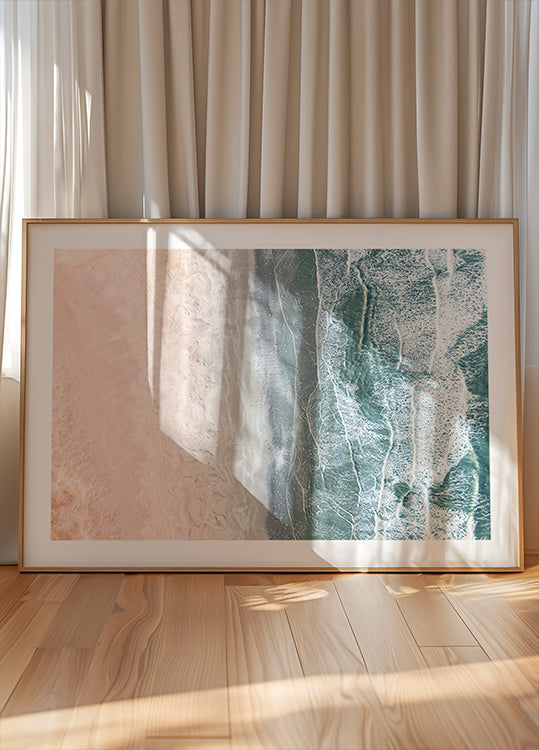 Póster costero rosa y azul.