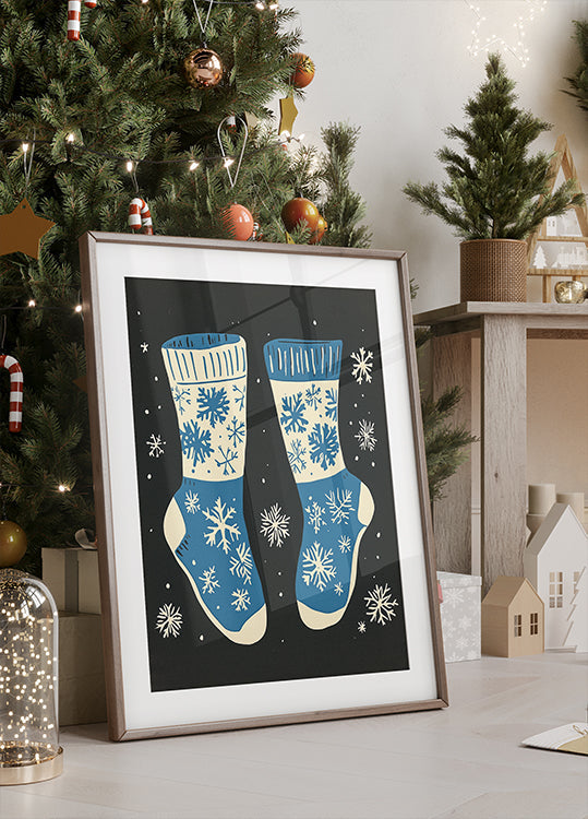 Calcetines Vintage Prendas De Punto Azul Sobre Negro Póster