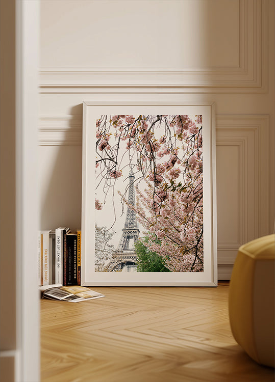 Póster con vista serena de un pueblo costero
