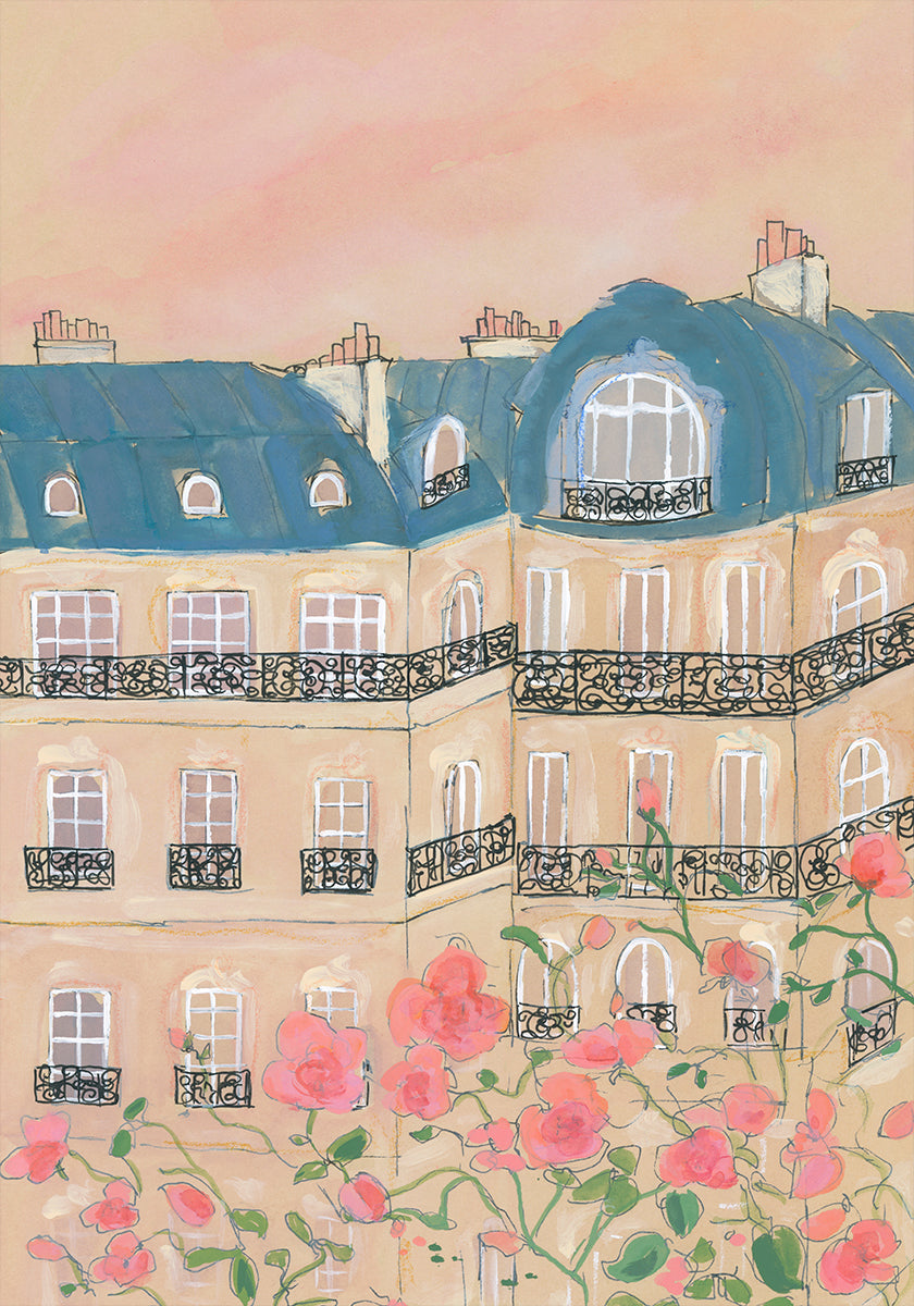 Puesta de sol sobre los edificios de París Póster