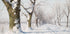 a painting of a snowy path between two trees