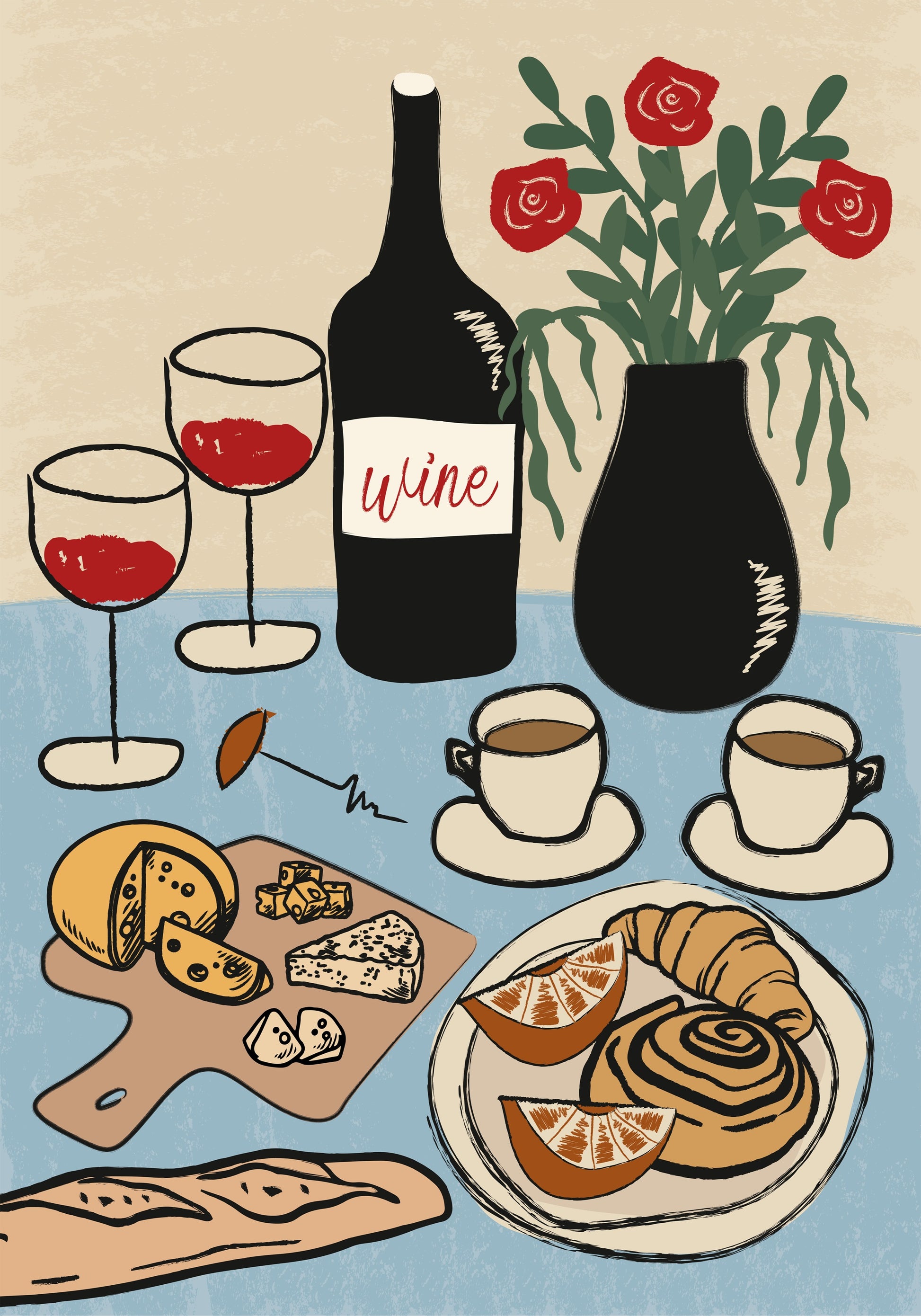 Dinner Table, French Wine and Cheese Setting Plakat - Posterbox.dk
