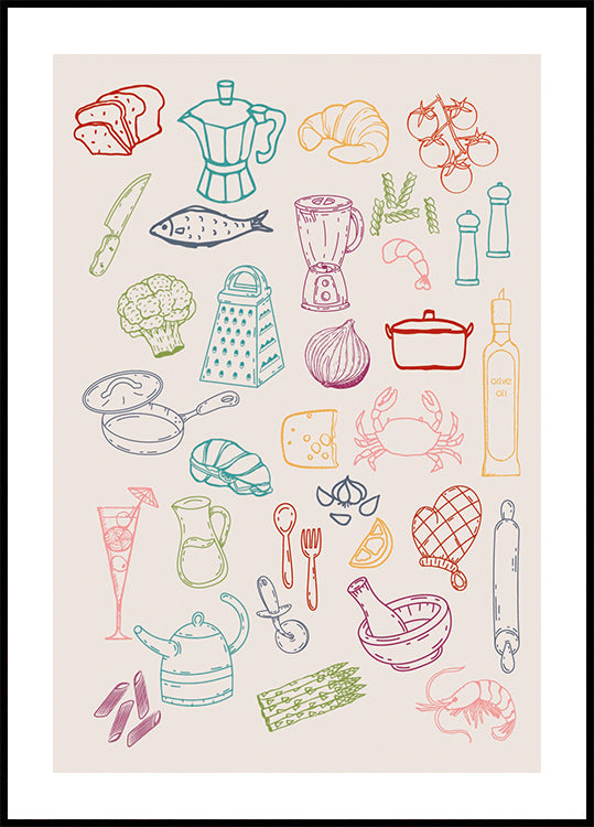 Kitchen Collage, Colorful Cooking Ingredient Icons Plakat - Posterbox.dk