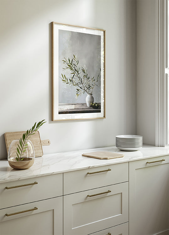 Olive Branch on Wooden Table Still Life Plakat - Posterbox.dk