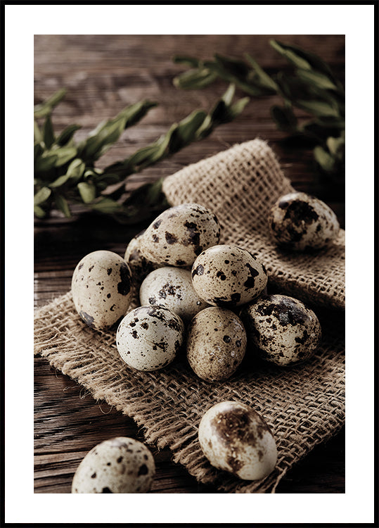 Quail Eggs on Rustic Burlap Plakat - Posterbox.dk