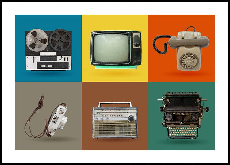 Vintage Colorful Tech Grid, Retro Gadgets Plakat - Posterbox.dk