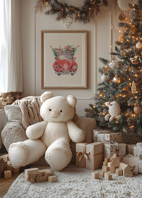 a teddy bear sitting in front of a christmas tree
