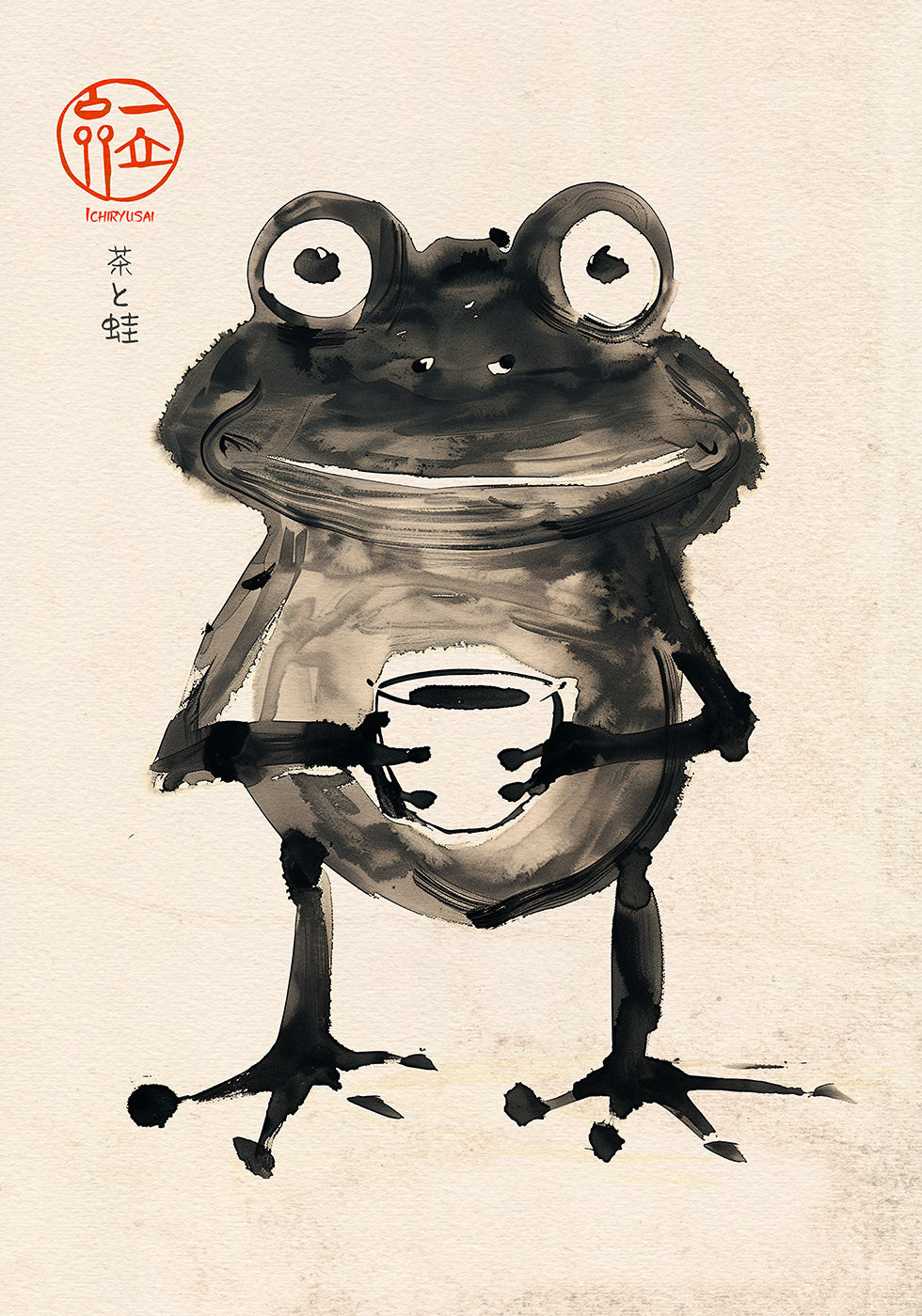 Zen Frog with Tea, Japanese Ink Art Plakat - Posterbox.dk