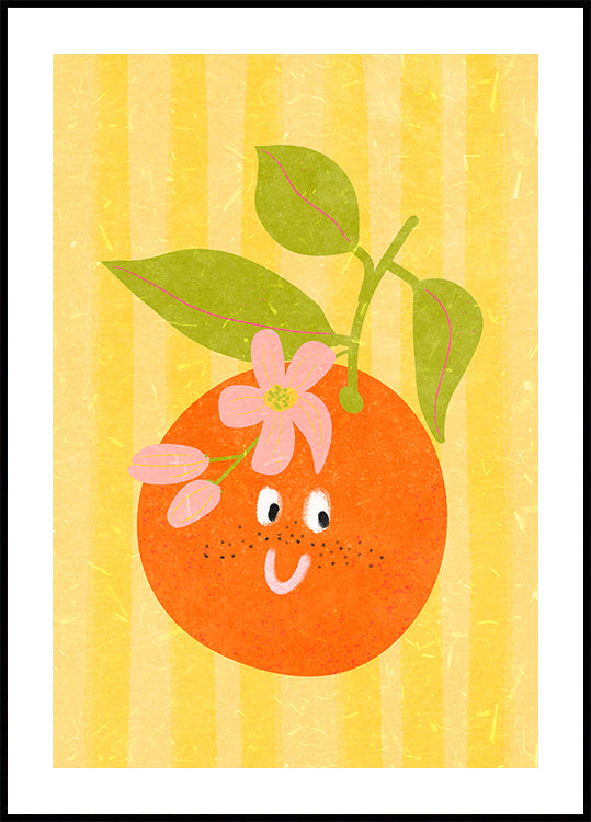 Una naranja alegre con una flor en la parte superior, sobre un fondo de rayas amarillas.