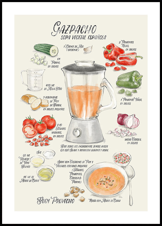 Gazpacho illustrated recipe in Spanish Plakat - Posterbox