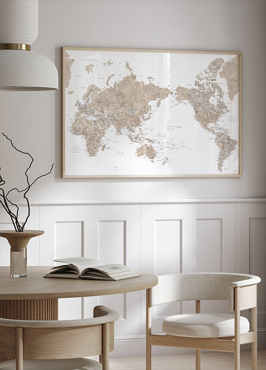 Pacific centered world map in taupe Plakat - Posterbox