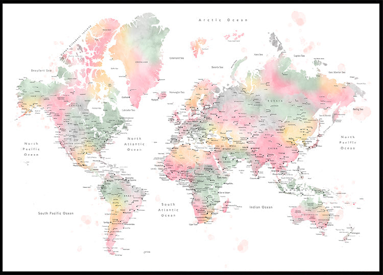 Pastel watercolor world map with cities, Anjah - Posterbox