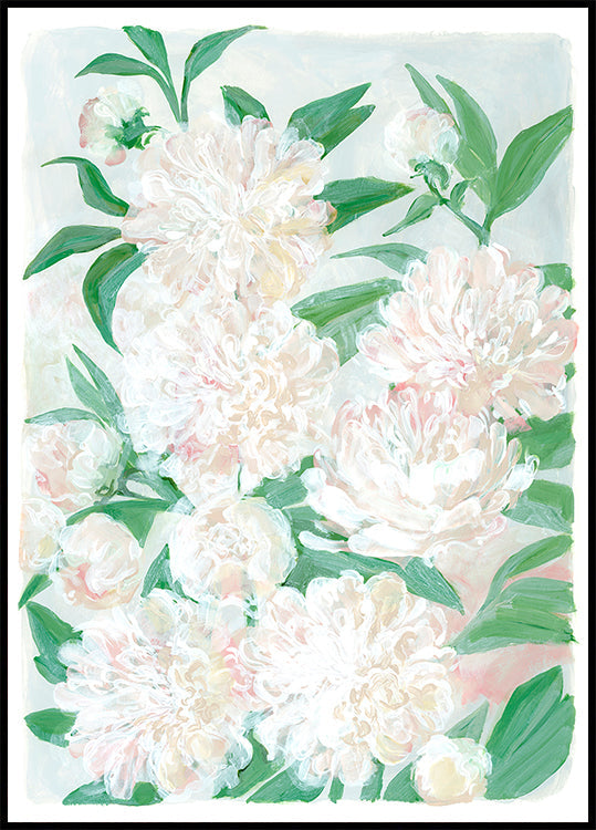 La imagen es una pintura vibrante y exuberante de una variedad de flores blancas y rosadas, incluidas peonías, rodeadas de hojas verdes.