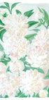 La imagen es una pintura vibrante y colorida de una variedad de flores blancas y rosadas, incluidas peonías, sobre un fondo azul claro.