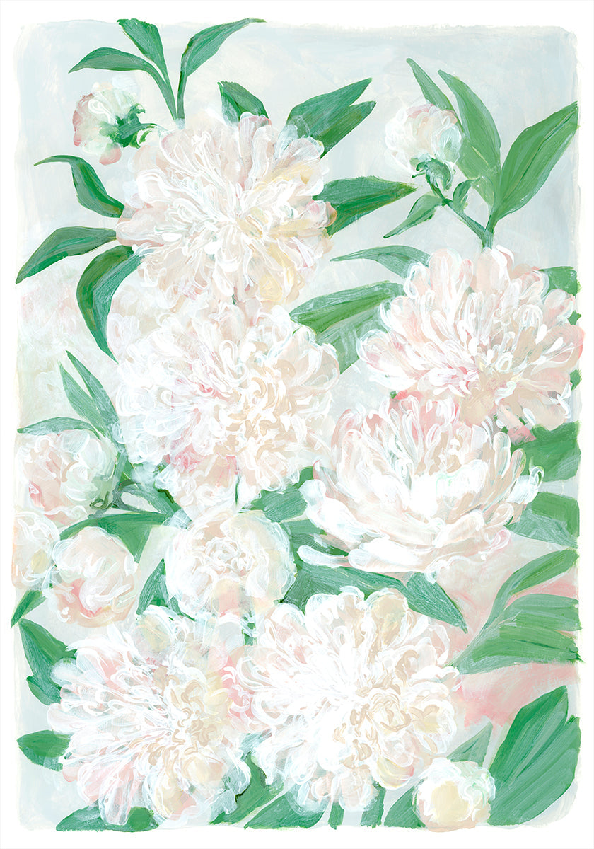 La imagen es una pintura vibrante y colorida de una variedad de flores blancas y rosadas, incluidas peonías, sobre un fondo azul claro.