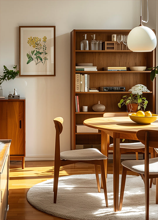 una sala de estar acogedora y bien organizada con una estantería de madera, una mesa redonda de madera y una silla de madera. La habitación tiene un ambiente cálido y acogedor, con luz natural que entra por la ventana.