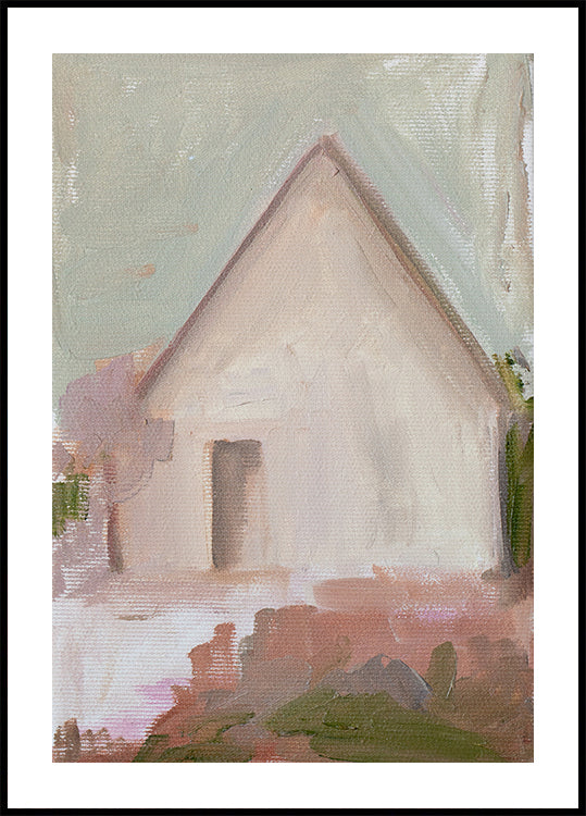 La imagen es una pintura abstracta que representa una casa con techo triangular y un pequeño porche.