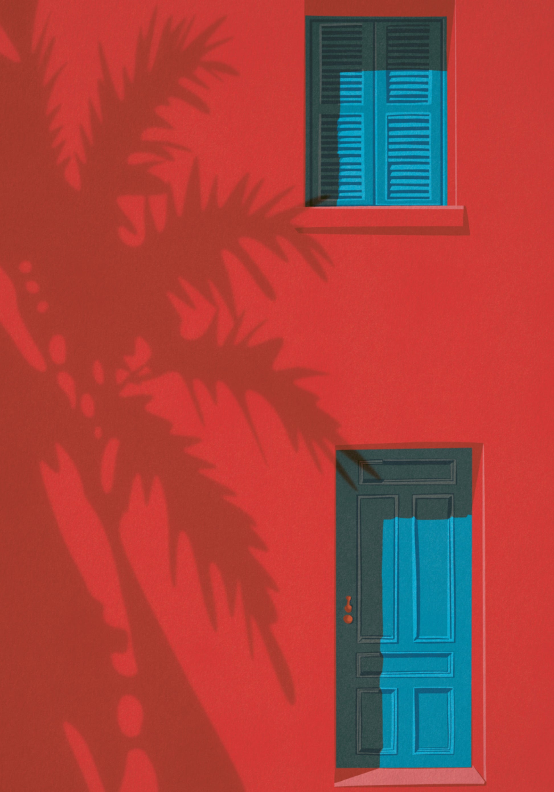 Puerta Azul Pared Roja