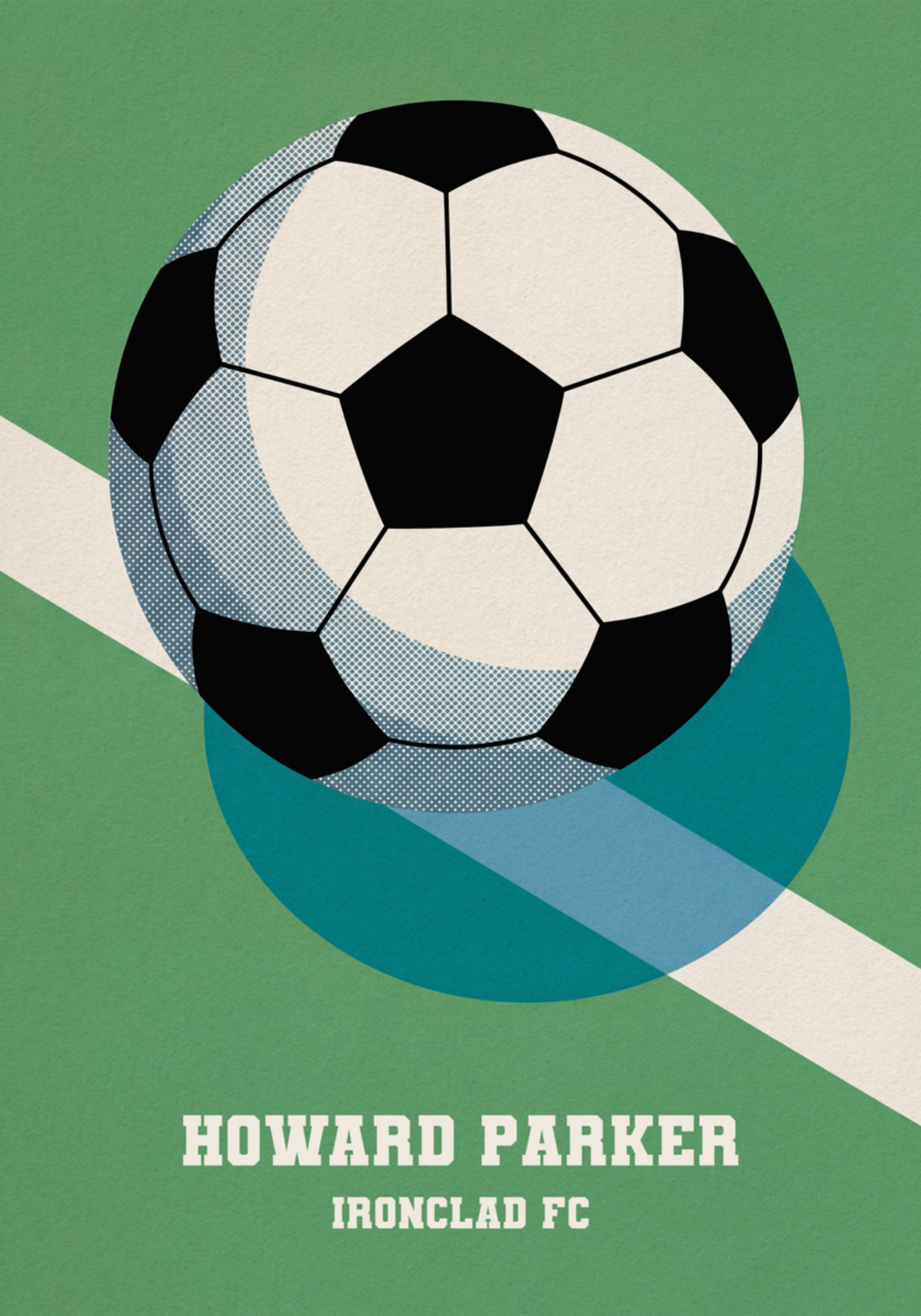 Cartel de fútbol retro con pelota blanca y negra.