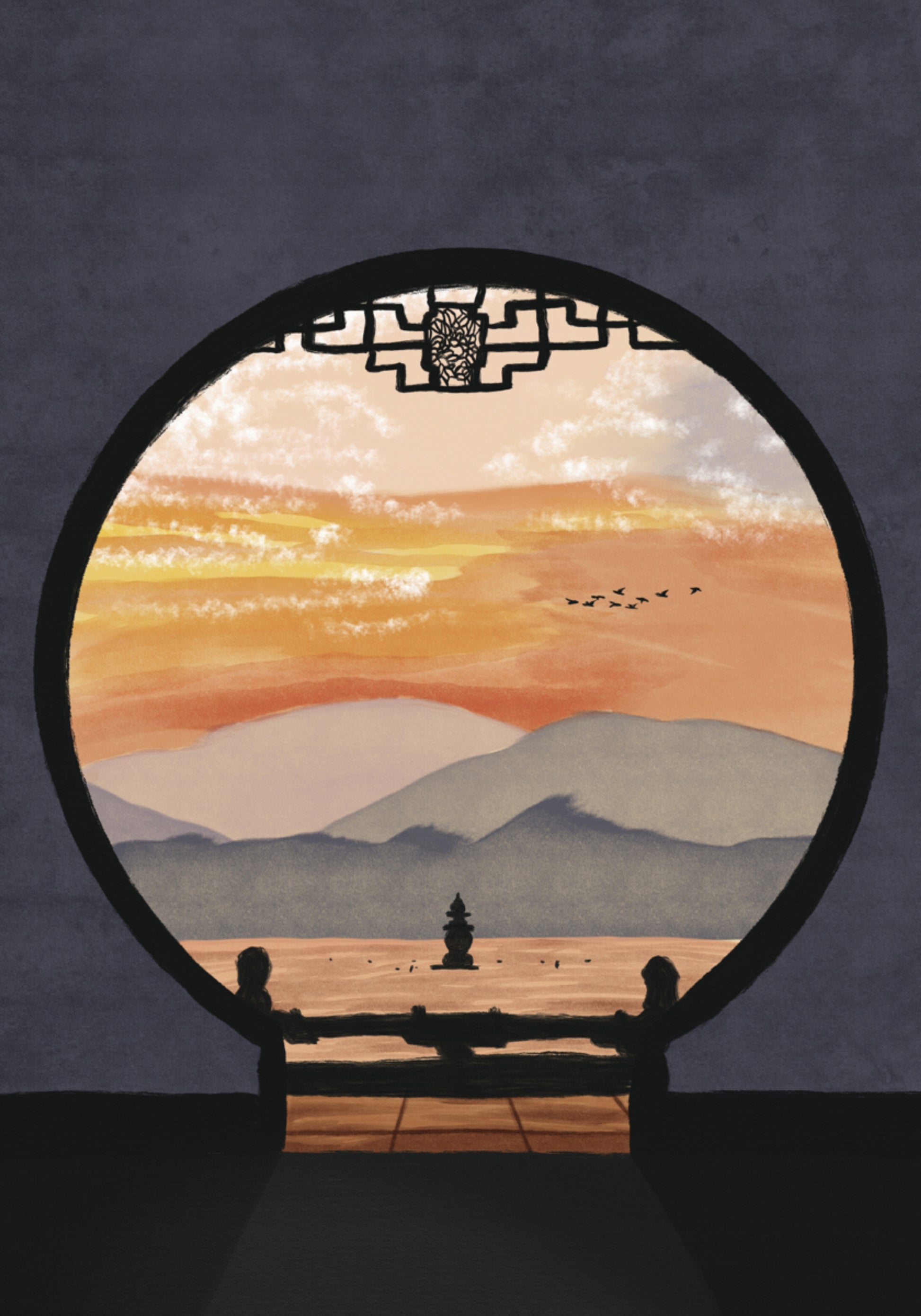 Vista del atardecer de la pagoda asiática