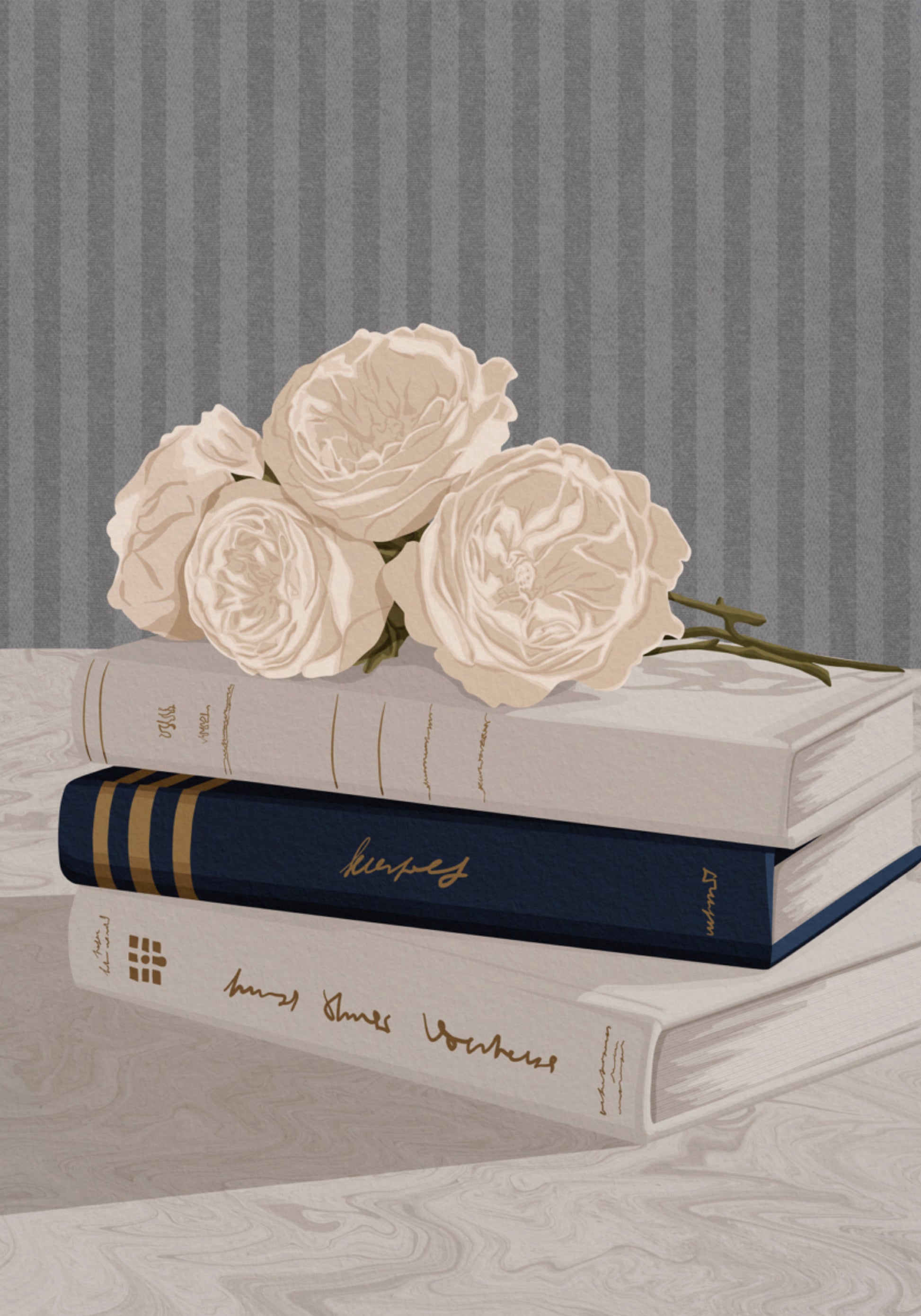 Rosas suaves y libros.