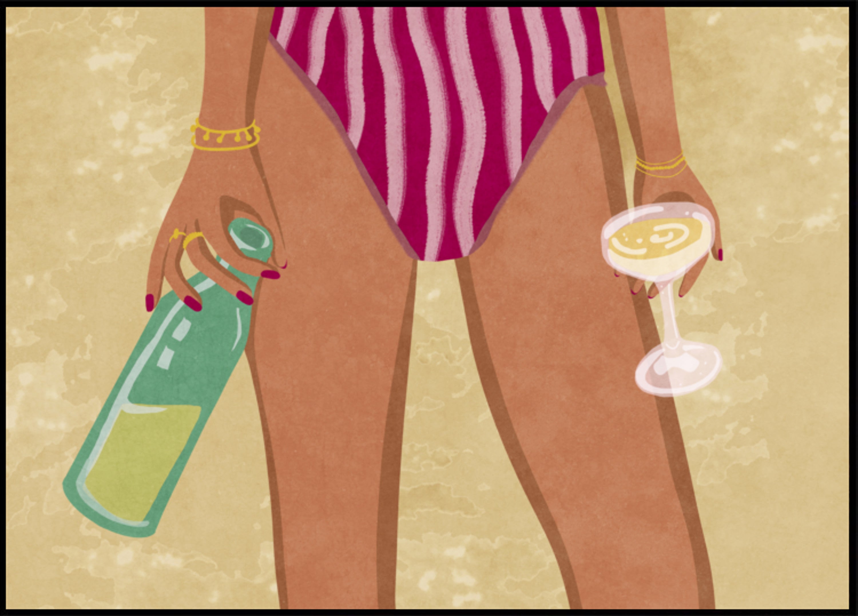 Chica con vino en la playa.