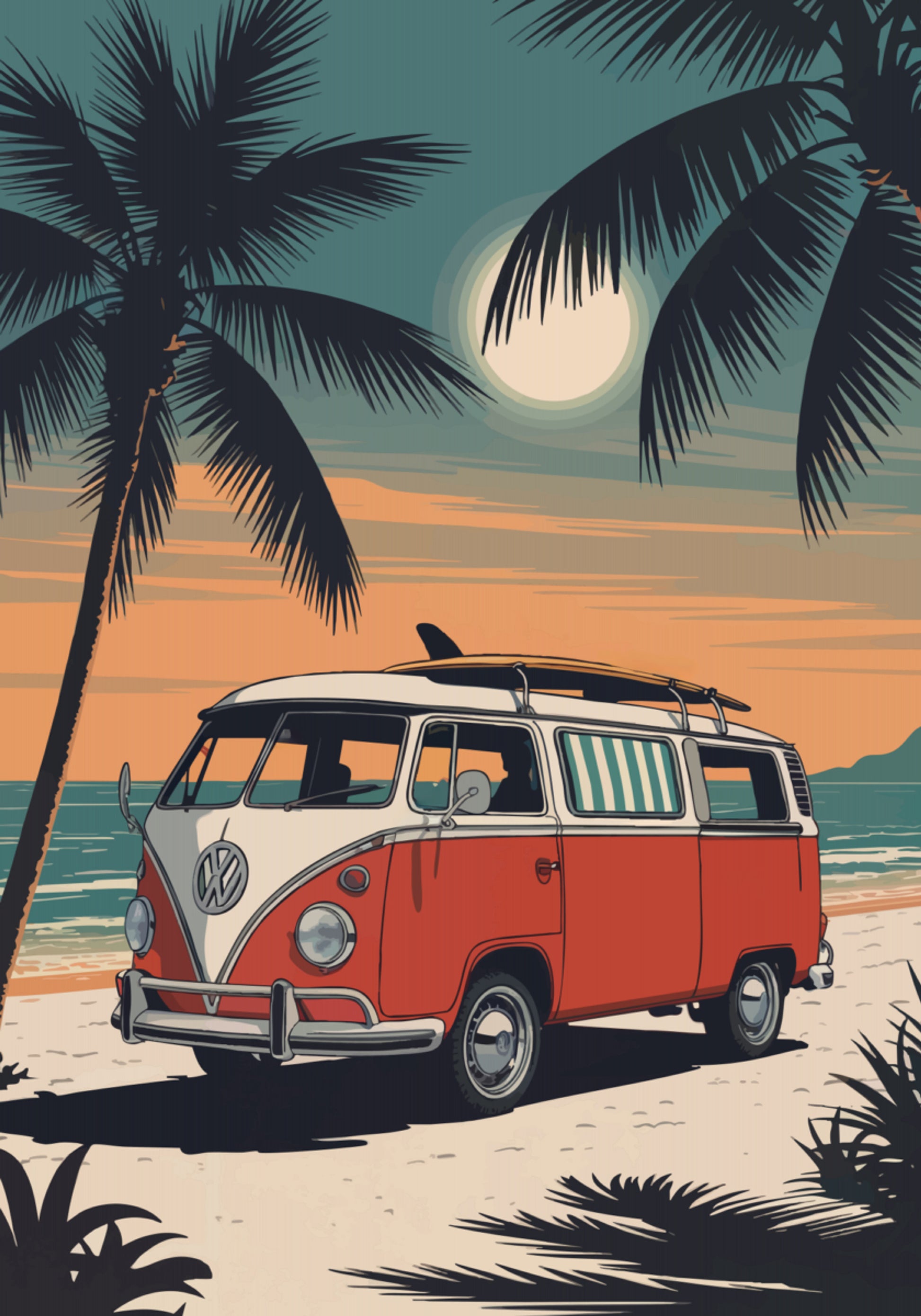 Atardecer en furgoneta de playa vintage