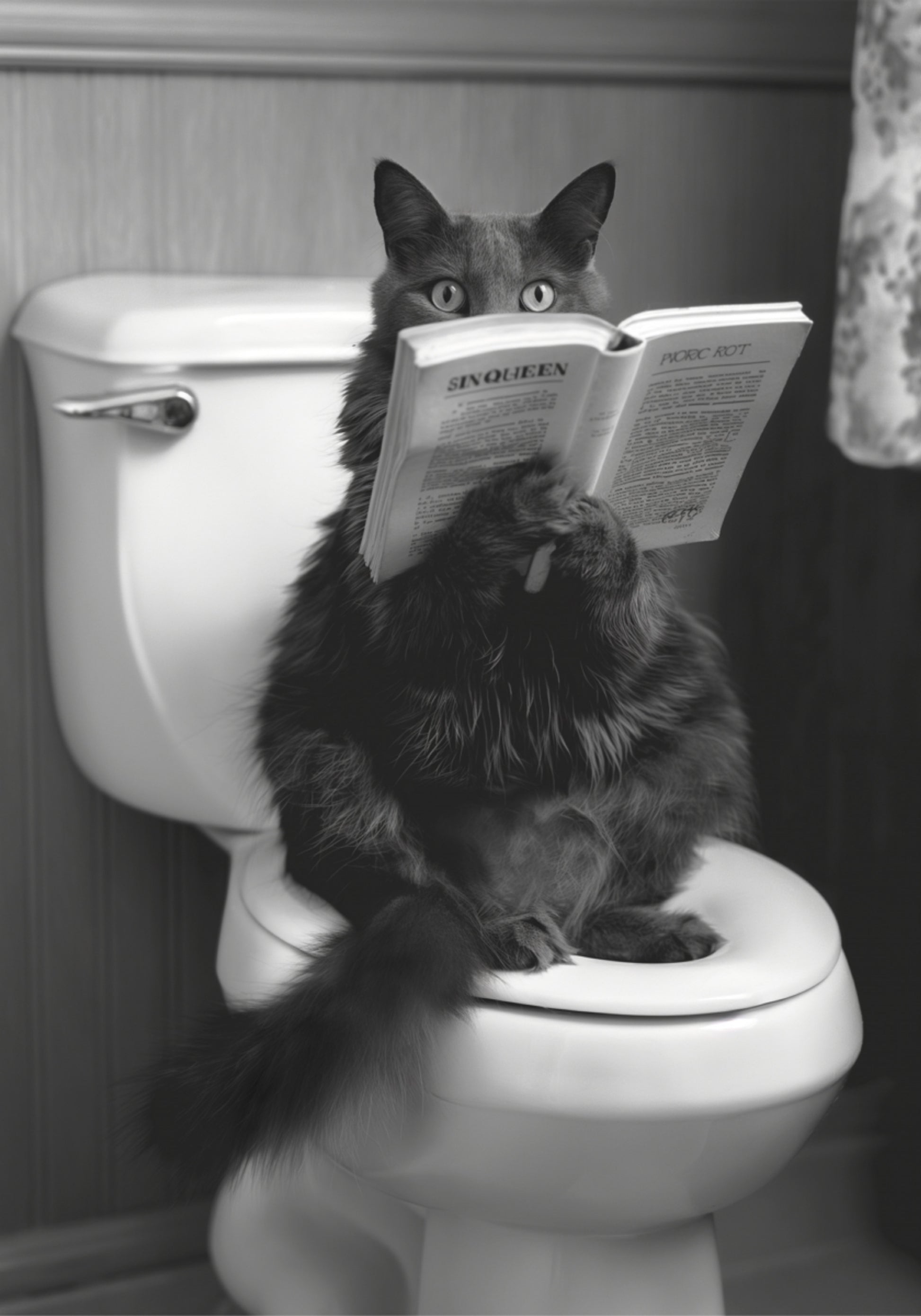 Gato leyendo en el baño
