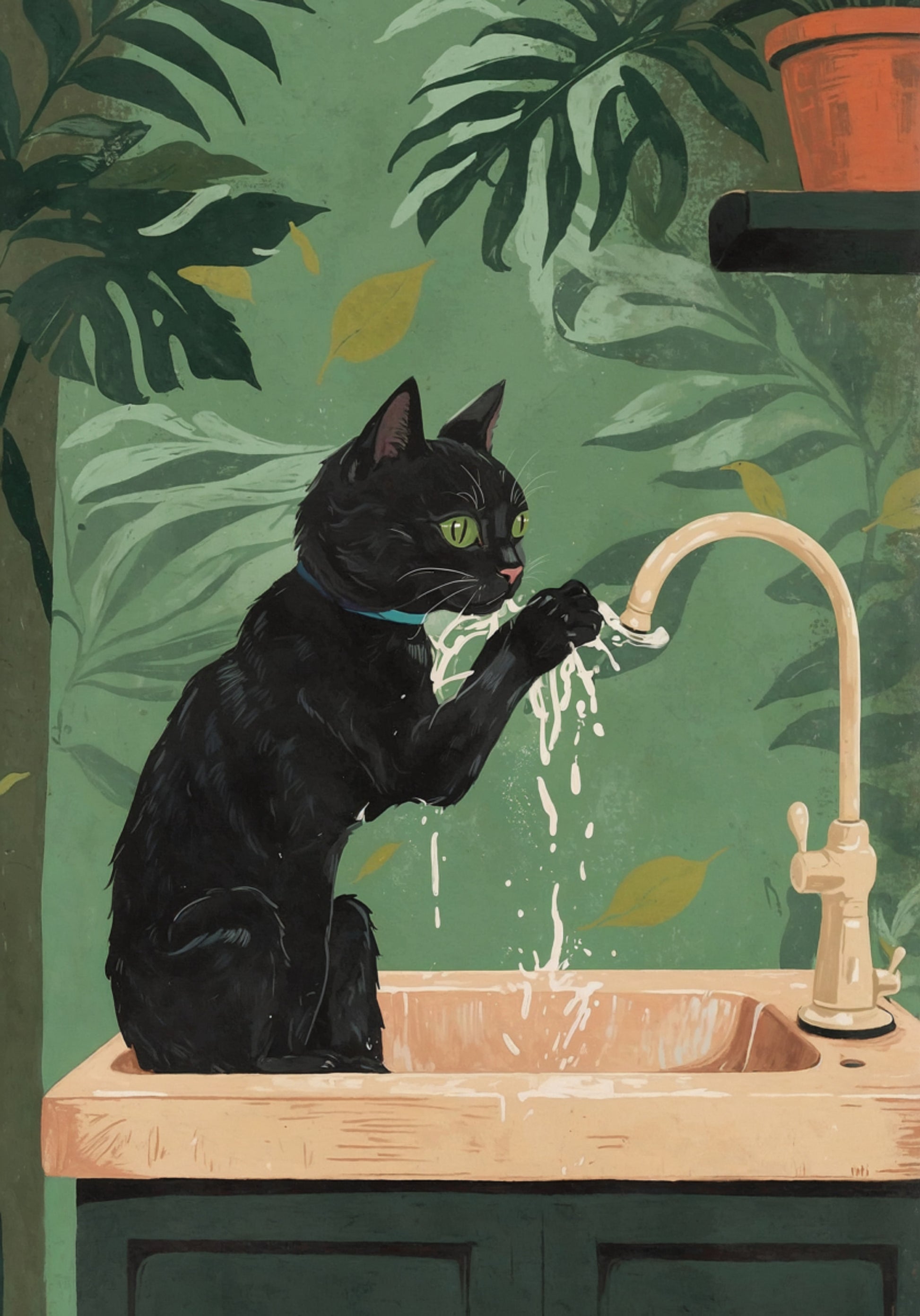 Juego de agua con gato negro