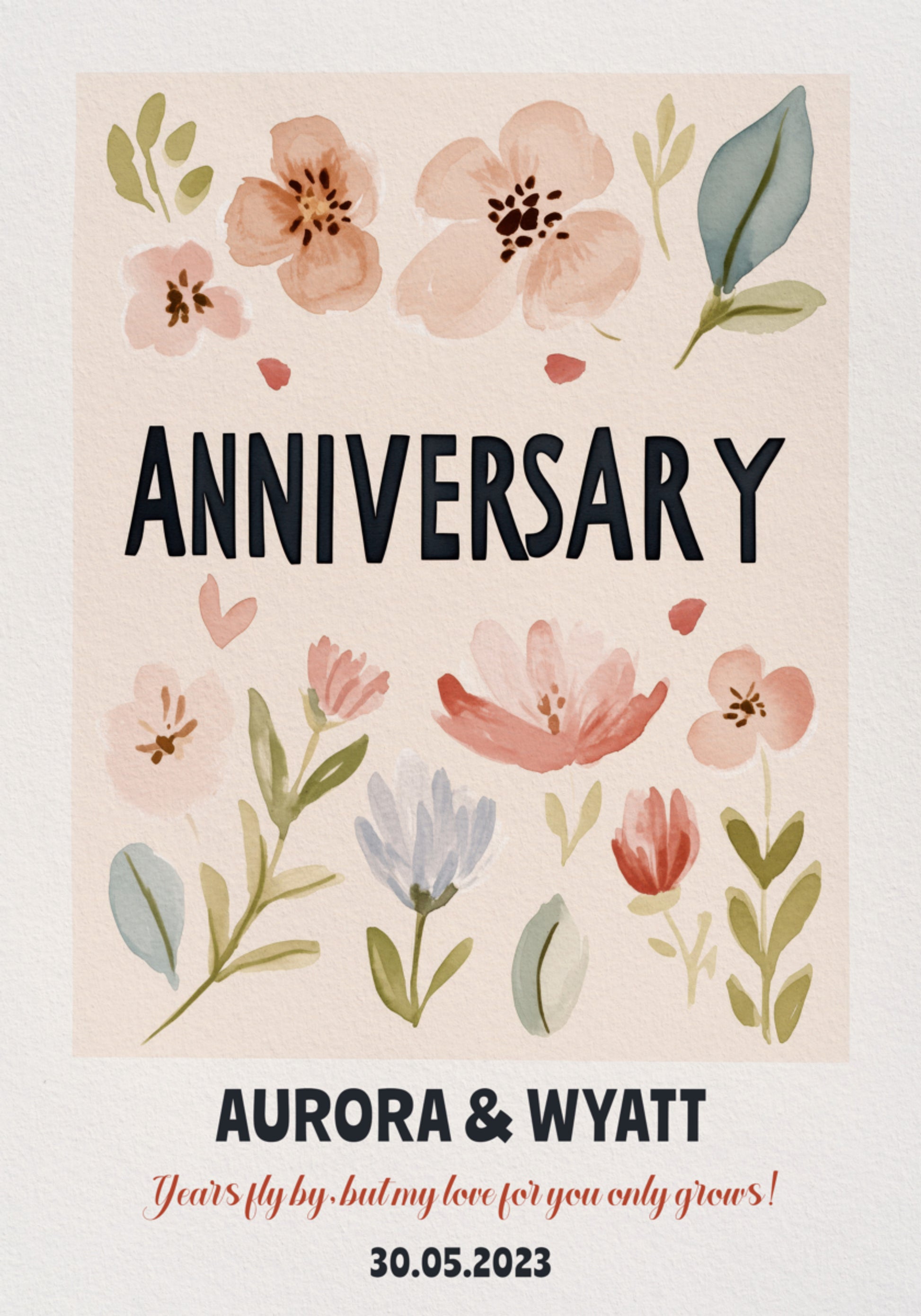 Póster de aniversario personalizado con adornos de acuarela.