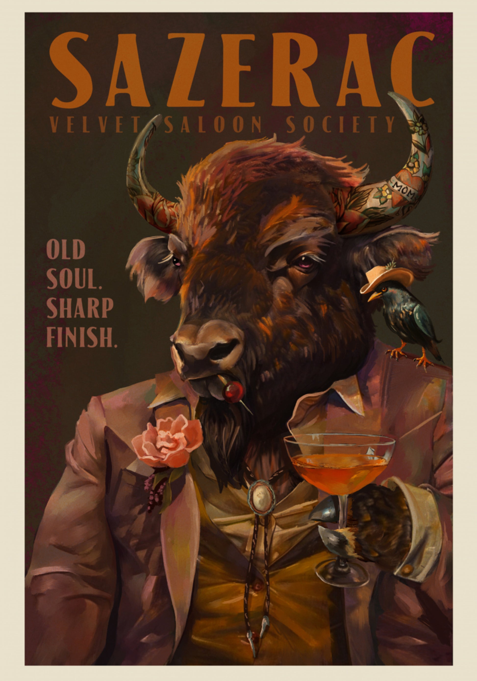 Búfalo bebiendo cóctel Sazerac. Arte de bar de alcohol y licores