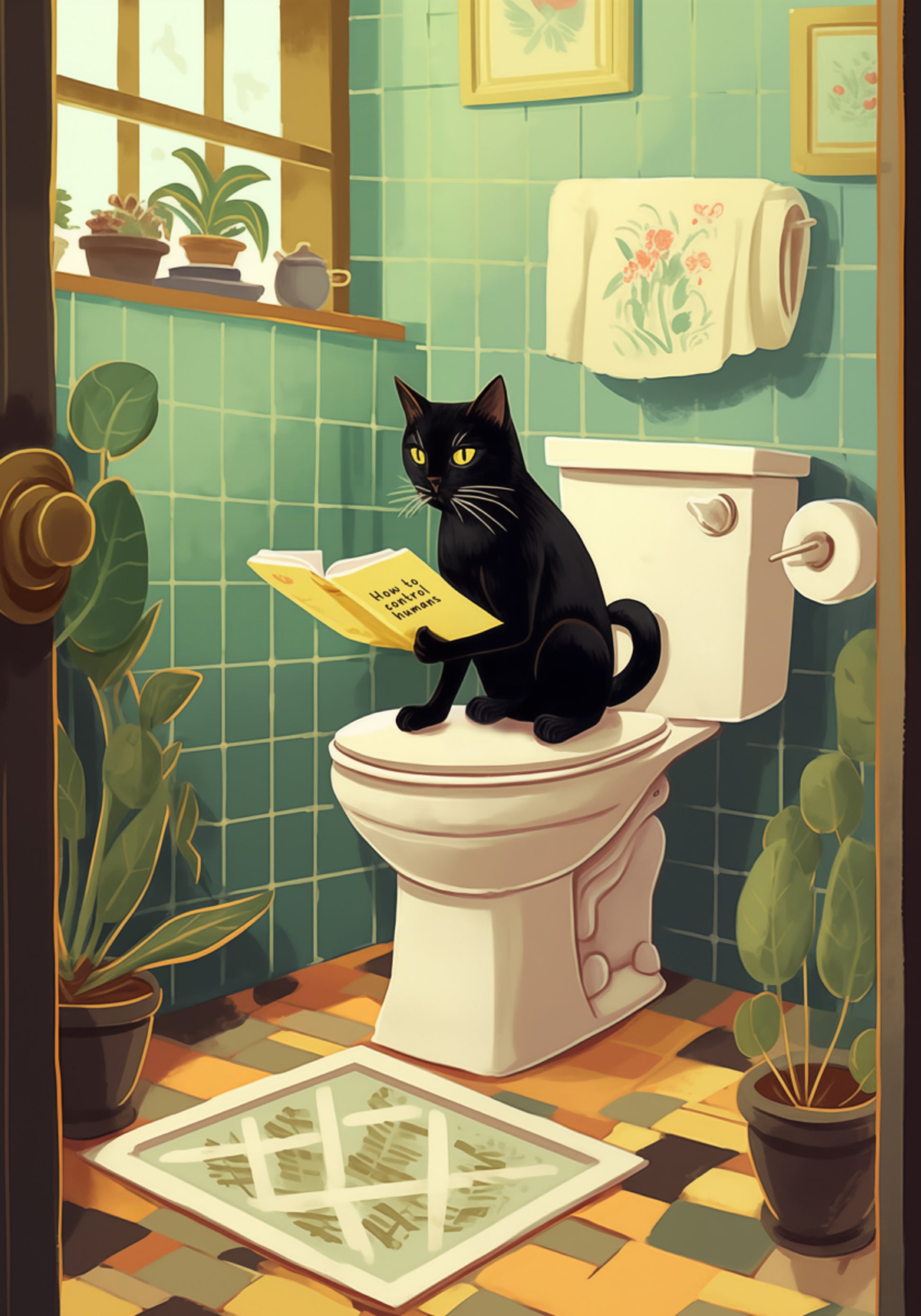 Lectura del baño del gato travieso
