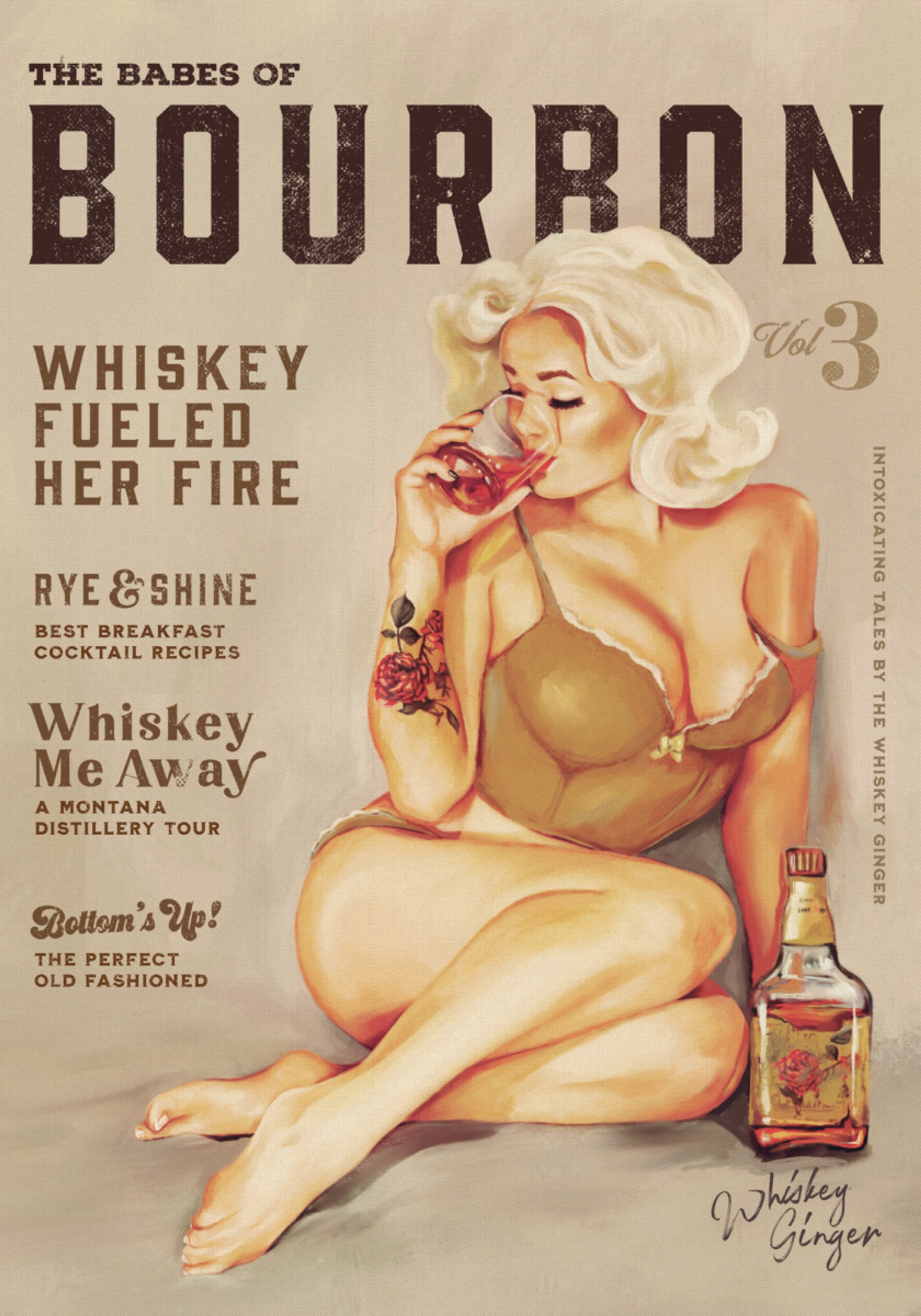 Arte de la pared borbónica. Chica pin up vintage sexy bebiendo whisky