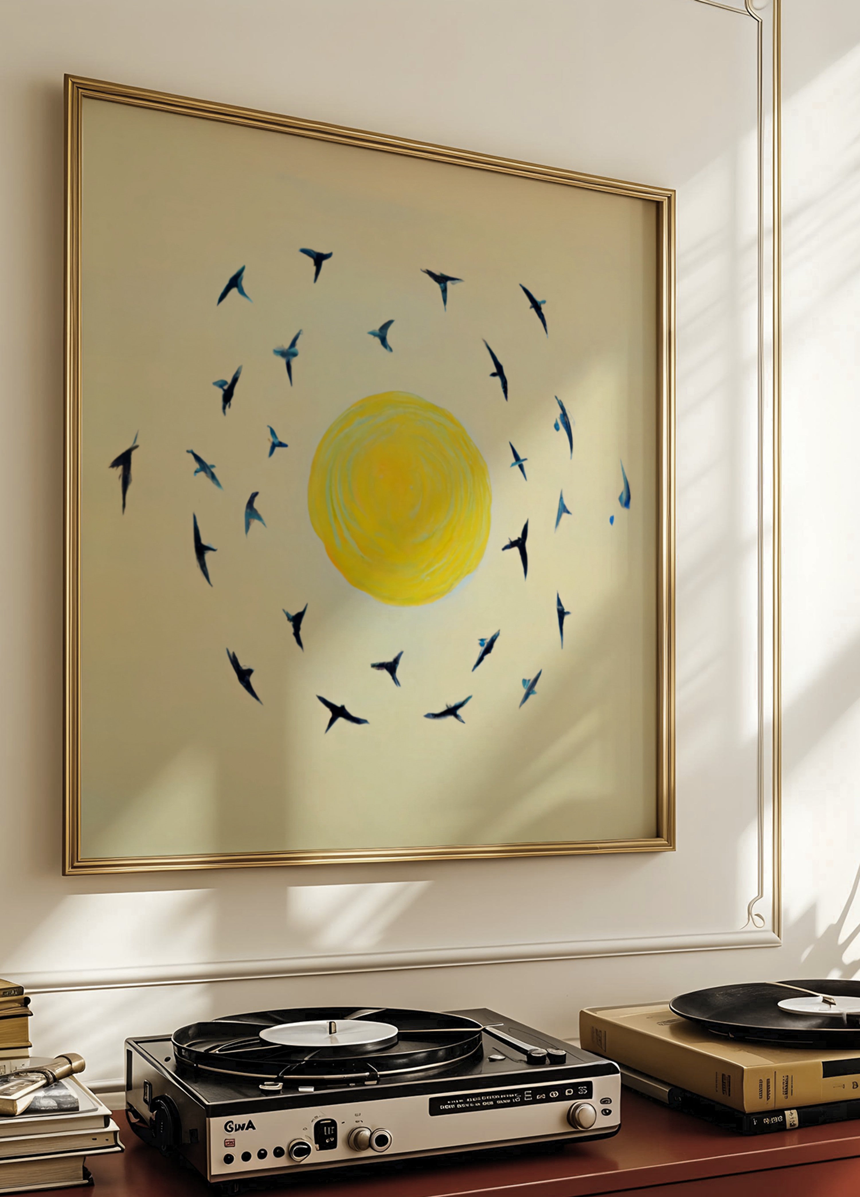 Aves dando vueltas alrededor del sol