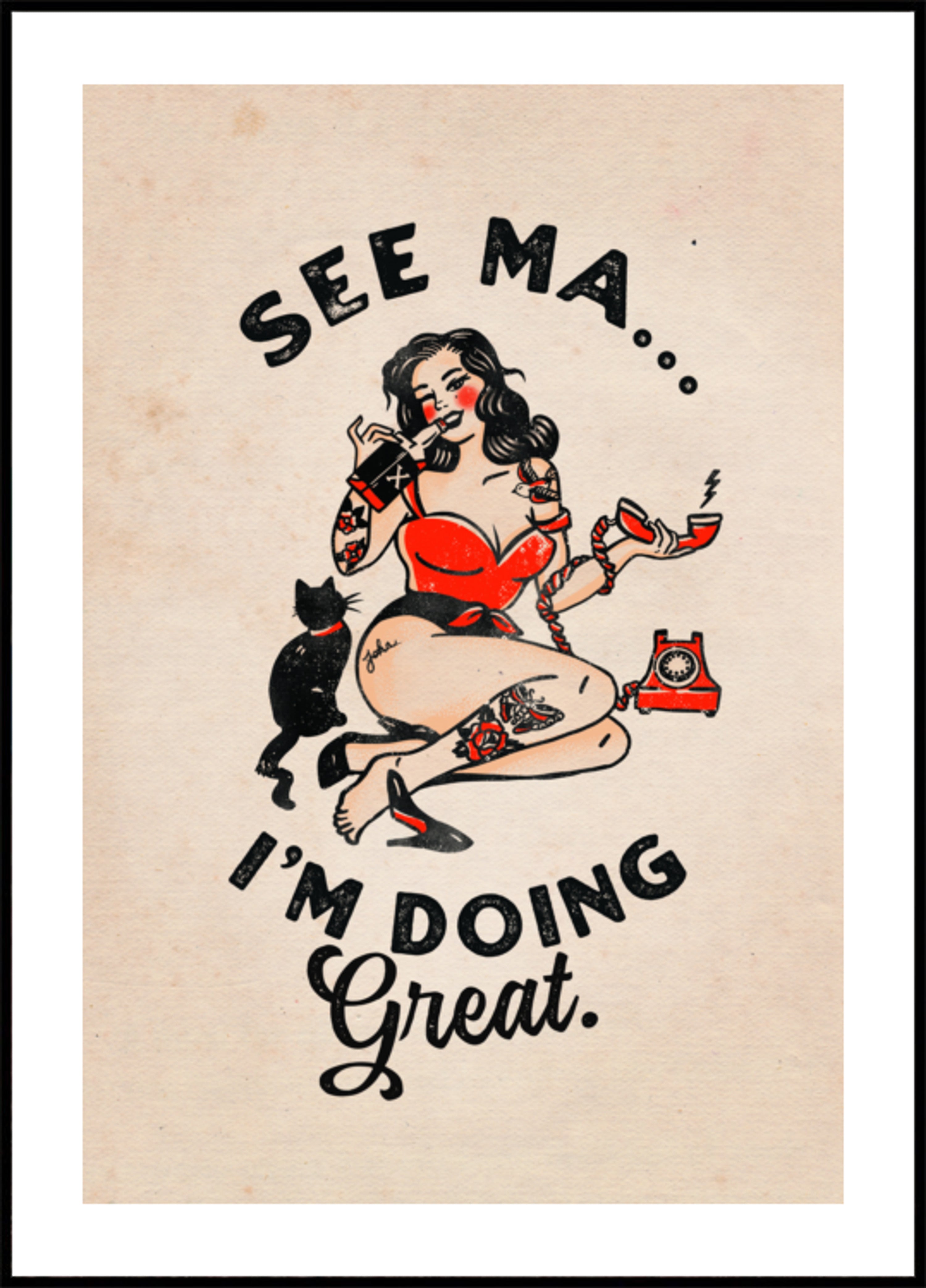 Ver mamá cartel divertido vintage pinup chica y gato